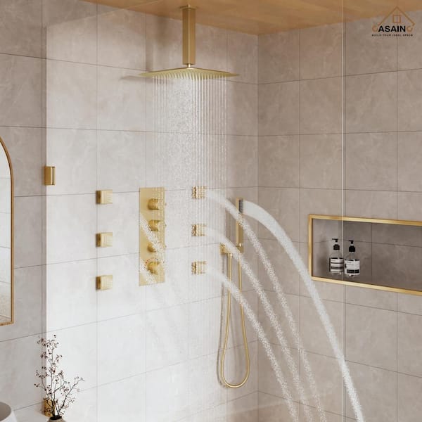 Luxury Thermostatic 3-Spray 12 in. Dual Shower Head Ceiling Mount Fixed and Handheld Shower Head 2.5 GPM in Brushed Gold