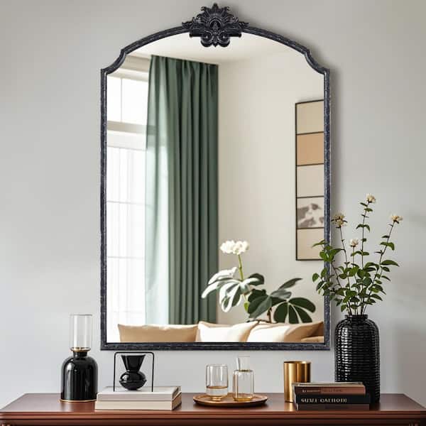 Elevatehome 24 in. W x 36 in. H Arched Framed Floating Bathroom Vanity Mirror in Retro Black Carved Finshed