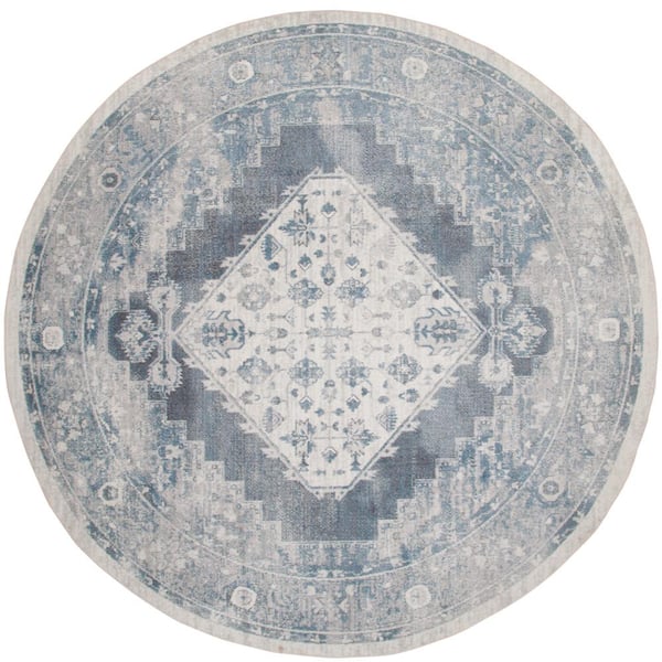 Nourison Astra Machine Washable Blue Ivory 5 ft. x 5 ft. Distressed Traditional Round Area Rug
