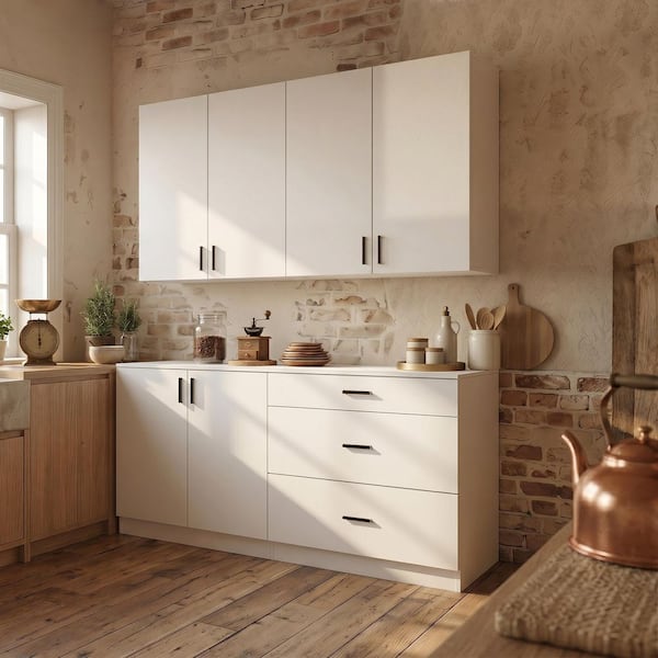 White Wood 63 in. x 31.5 in. Pantry Cabinet with Wall Cabinet, Base Cabinet, 3 Drawers, 4 Doors, 2 Shelves, For Kitchen