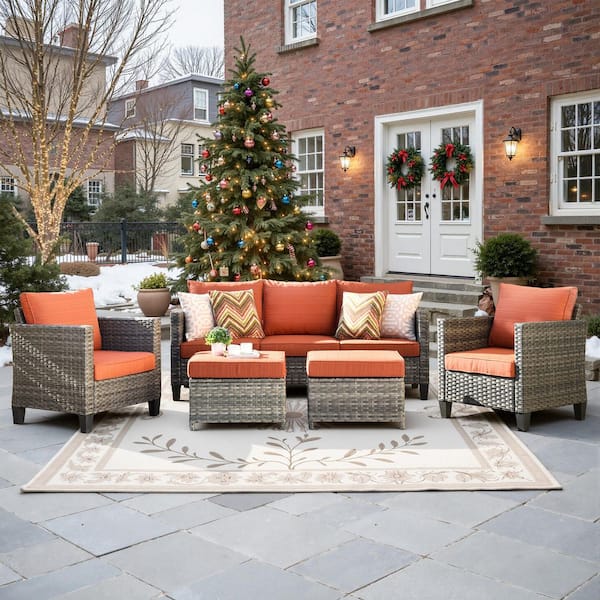 XIZZI Megon Holly Gray 5-Piece Wicker Outdoor Patio Conversation Seating Sofa Set with Orange Red Cushions