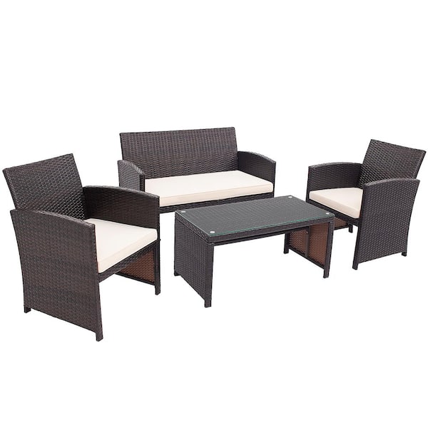 Costway Brown 4-Piece Rattan Furniture Set Patio Conversation Set with White Cushions