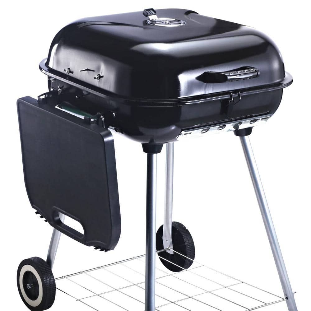 Portable Black Charcoal Grill with Smoker and Shelves