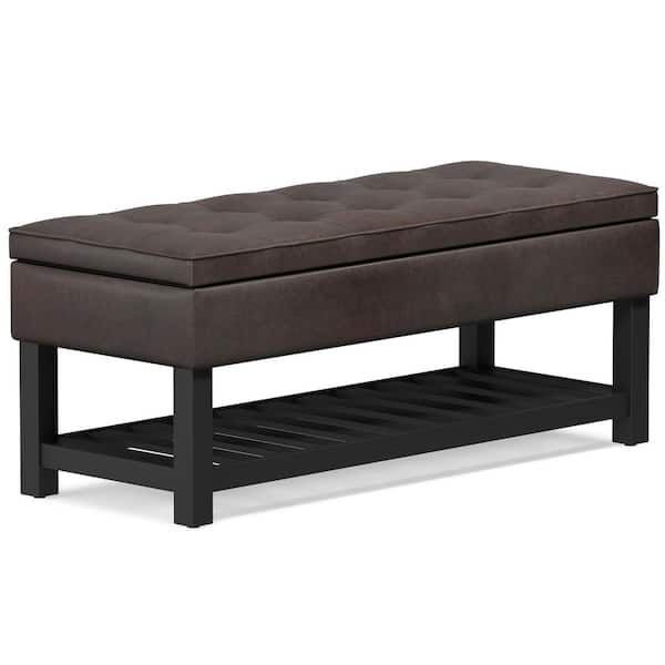 Simpli Home Cosmopolitan 44 in. Wide Transitional Rectangle Storage Ottoman Bench with Open Bottom in Distressed Brown Faux Leather