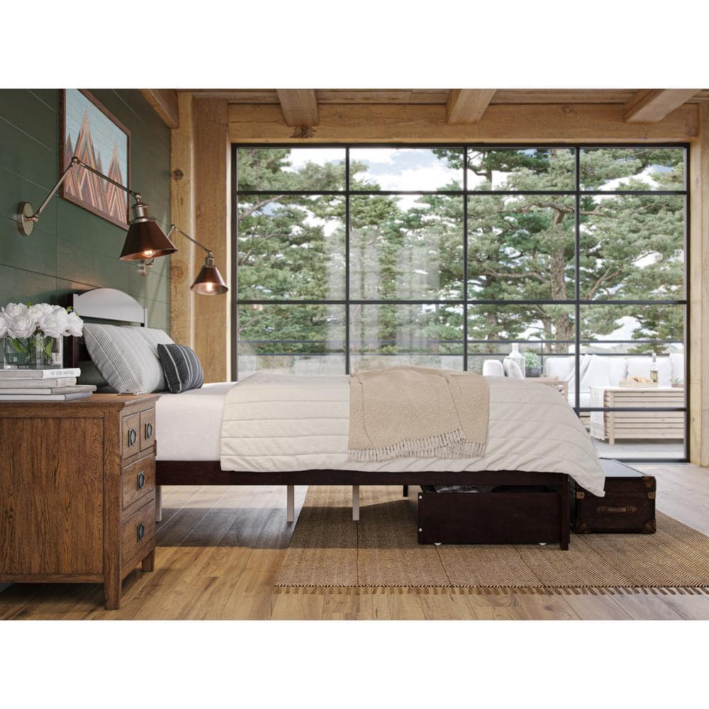 Espresso Solid Wood Queen Platform Bed with Foot Drawer