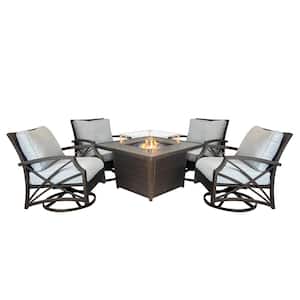 5-Piece Brown Square Wicker Aluminum Frame Patio Conversation Set With Propane Fire Pit Table Set With Grey Cushions