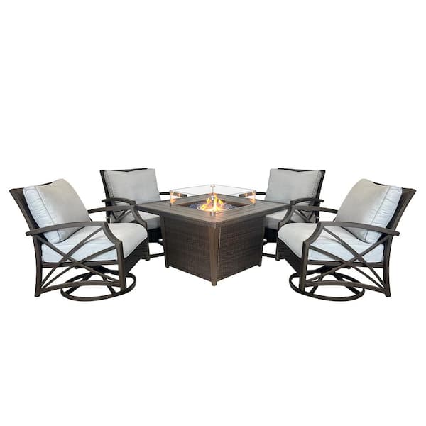 Kinger Home 5-Piece Brown Square Wicker Aluminum Frame Patio Conversation Set With Propane Fire Pit Table Set With Grey Cushions