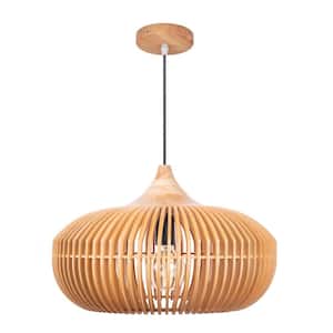 1-Light Natural Wood Pendant Light with Drum Shade
