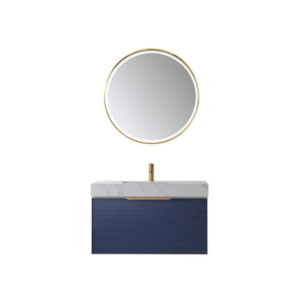 ROSWELL Alicante 36 in. W x 20.9 in. D x 21.7 in. H Single Sink Bath Vanity in in Blue with White Marble Top and Mirror