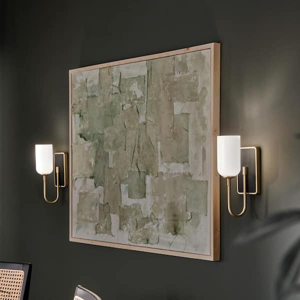 Solia 13.5 in. 1-Light Champagne Bronze with Black Bathroom Wall Sconce Light with Opal Glass Shade