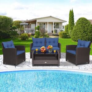 4-Piece Patio Rattan Furniture Set with Navy Cushions