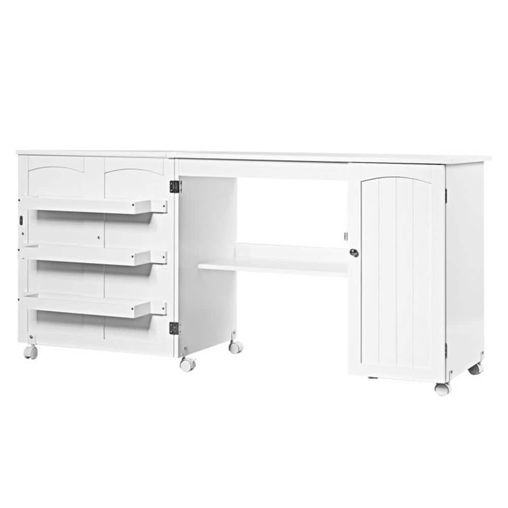 Bunpeony White Folding Large Sewing Table Storage Shelves Storage Cabinet Kitchen Cart with Lockable Casters