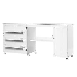 White Folding Large Sewing Table Storage Shelves Storage Cabinet Kitchen Cart with Lockable Casters