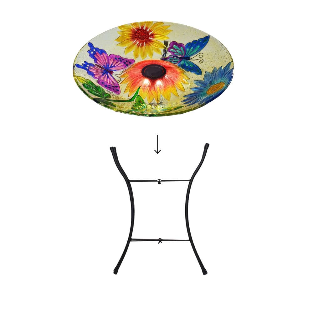 18" Multicolor Glass Solar Bird Bath with Metal Stand