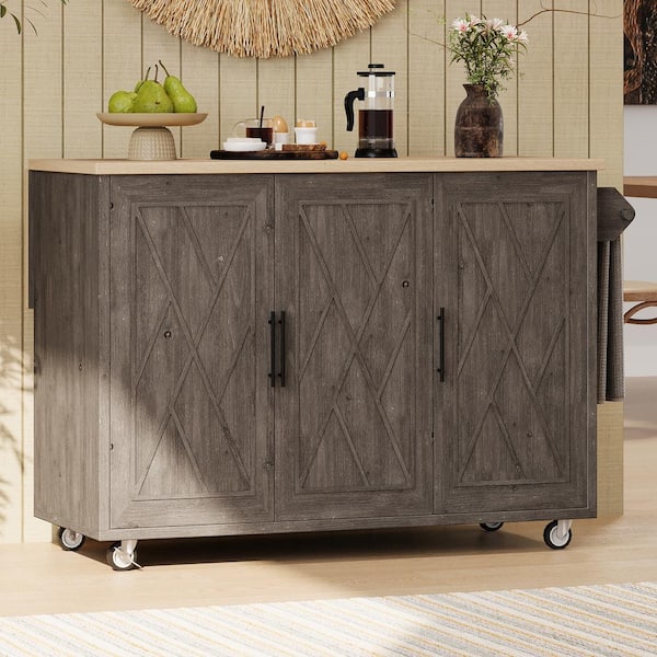 Farmhouse Brown Drop Leaf Wood Tabletop 51 in. Kitchen Island Cart with Wheels and Solid Wood Cabinet Feet