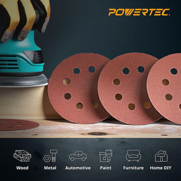 5分割のC POWERTEC 5 in. 8 Hole Hook and Loop Sanding Discs, 60/80/100/120