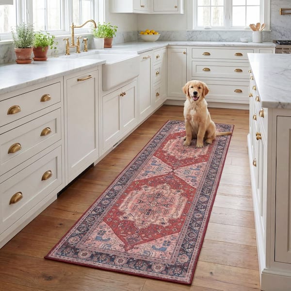 Tucson 3 ft. x 6 ft. Red/Navy Medallion Washable Runner Rug