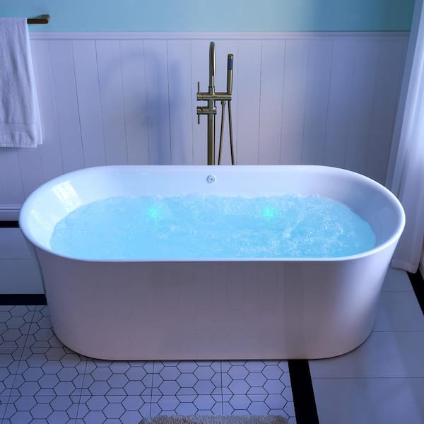 WELLFOR 67 in. x 31.5 in. Freestanding Air Soaking Bathtub with Chrome Center Drain in White, Air Bubble Massage, LED Lighting