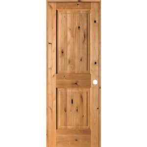 28 in. x 80 in. Knotty Alder 2 Panel Left-Hand Square Top V-Groove Clear Stain Solid Wood Single Prehung Interior Door