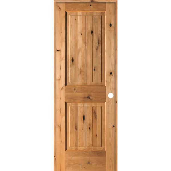 Krosswood Doors 28 in. x 80 in. Knotty Alder 2 Panel Left-Hand Square Top V-Groove Clear Stain Solid Wood Single Prehung Interior Door