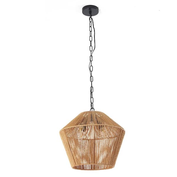 PUDO 13.7 in. 4-Light Brown Woven Modern Boho Pendant Light with Rattan Basket Shade