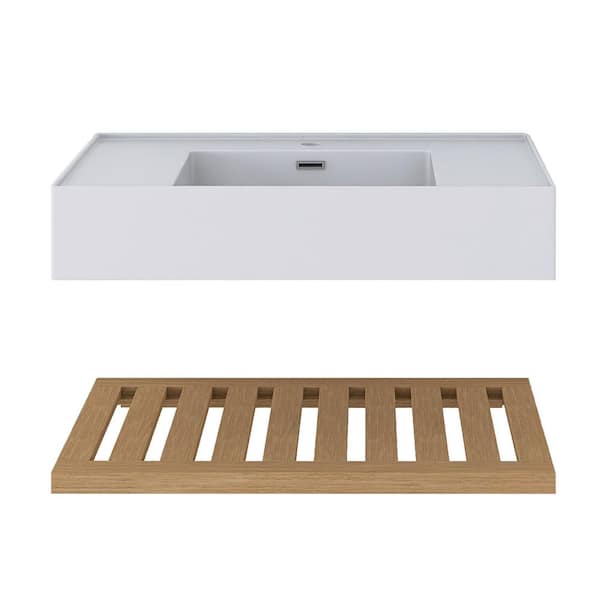 5.51 in Glossy Wite Acrylic Wall-Mounted Bathroom Integrated Sink and Shelf