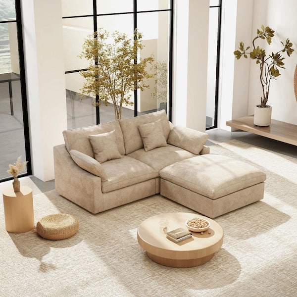 83 in. W Square Arm Linen Upholstered Rectangle 2-Seater Sectional Sofa with Ottoman in. khaki
