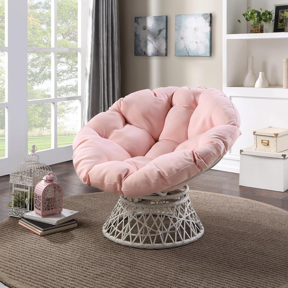 Pink Swivel Metal Papasan Chair with Wicker Frame
