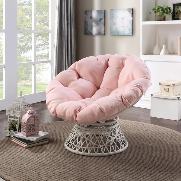 OSP Home Furnishings Papasan Chair with Pink Round Pillow Cushion and Cream Wicker Weave