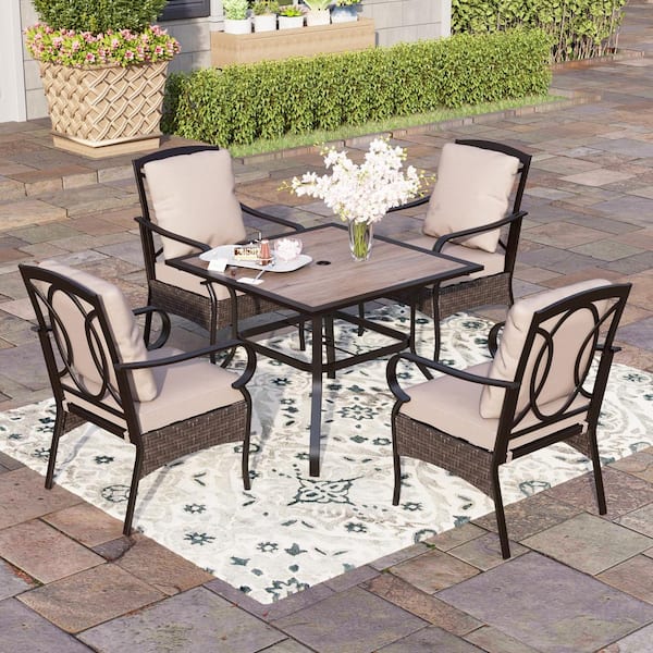 PHI VILLA 5-Piece Metal Patio Outdoor Dining Set with Black Square Table and Stationary Chairs with Beige Cushions