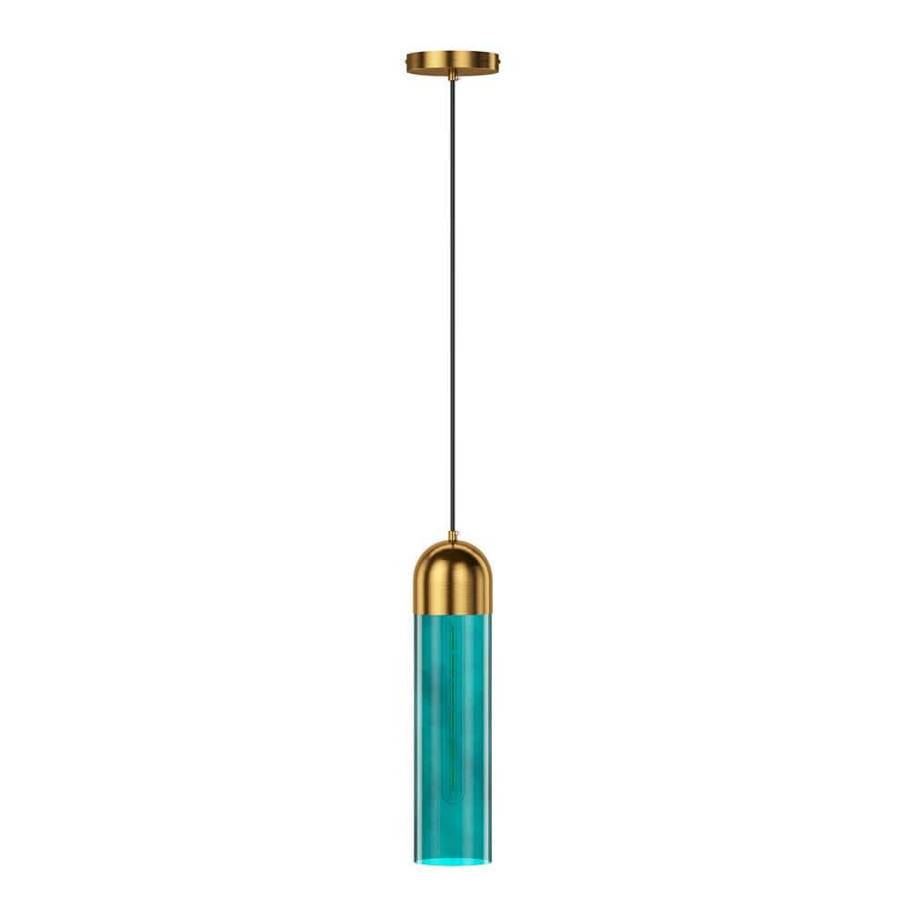 Modern Green Glass Cylinder Pendant Light with Gold Finish