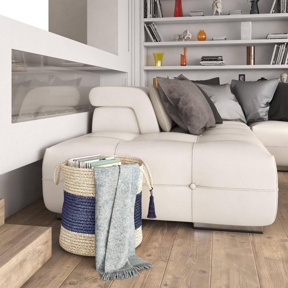 17" Round Blue and White Jute Storage Basket with Handles