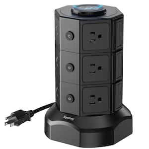 12-Outlet Power Strip Surge Protector Tower with 6 USB Ports and Wireless Manetic Charger in Black