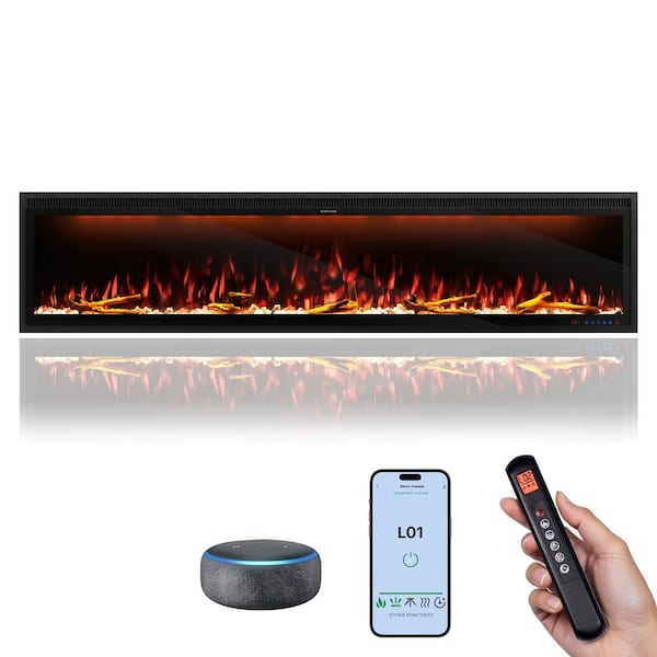 Mondawe Luminara 74 in. WiFi-Enabled Recessed and Wall Mounted Electric Fireplace in Black with Alexa and Smart APP Control