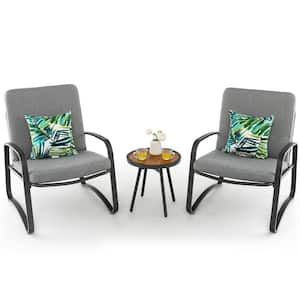 3-Pieces Outdoor Bistro Metal Patio Conversation Set DPC Tabletop with Gray Cushions Chairs