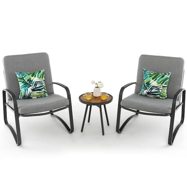 Costway 3-Pieces Outdoor Bistro Metal Patio Conversation Set DPC Tabletop with Gray Cushions Chairs