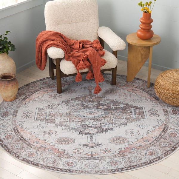 Arizona 6 ft. x 6 ft. Beige/Taupe Machine Washable Distressed Ornate Border Round Area Rug