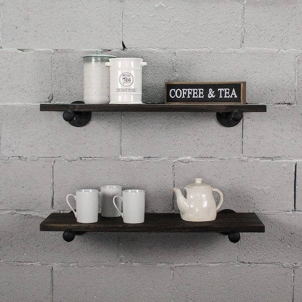 Furniture Pipeline Honolulu Industrial Farmhouse 18 in. Wide Espresso 2-Piece Flat Wall Mounted Shelf Set