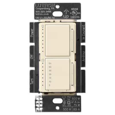Maestro LED+ Dual Dimmer and Timer Switch, 75-Watt LED Bulbs/2.5A Fans, Single-Pole, Almond (MACL-L3T251-AL)