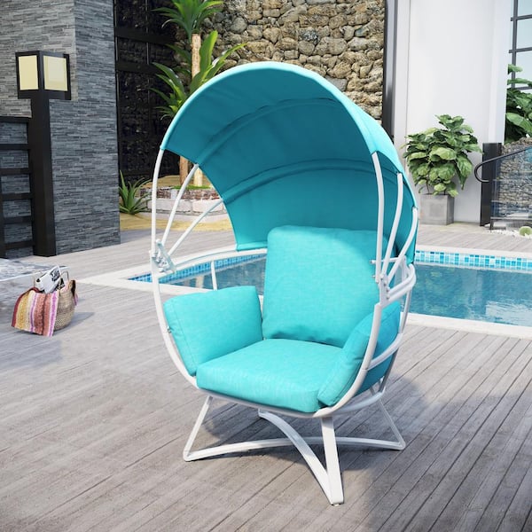 Pellebant White Aluminum Outdoor Patio Egg Lounge Chair with Blue Foldable Canopy and Blue Cushions