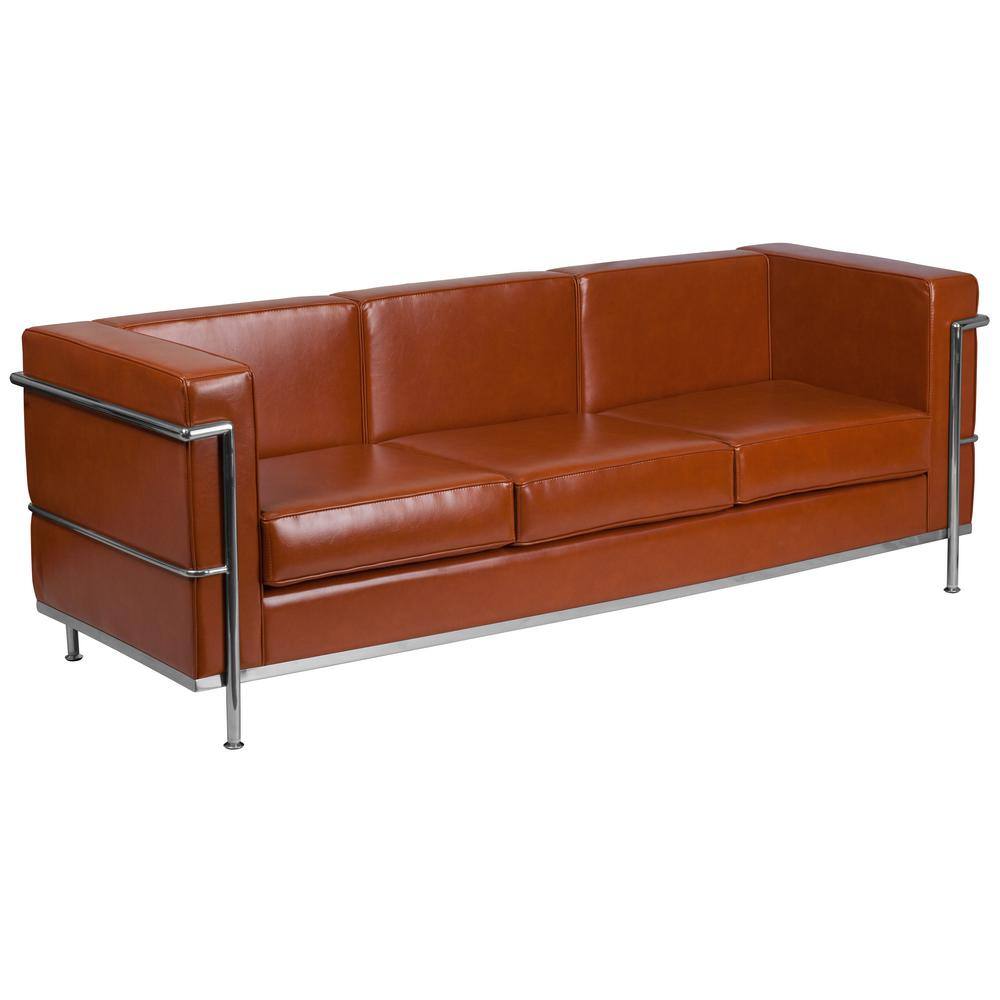 Cognac Faux Leather Sofa with Stainless Steel Frame and Removable Cushions