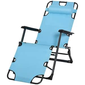 Blue Metal Outdoor Chaise Lounge, Folding 2-in-1 Tanning Chair with Pillow and Pocket, Adjustable Pool Chair