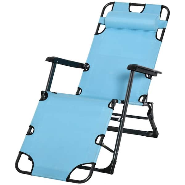 Otryad Blue Metal Outdoor Chaise Lounge, Folding 2-in-1 Tanning Chair with Pillow and Pocket, Adjustable Pool Chair