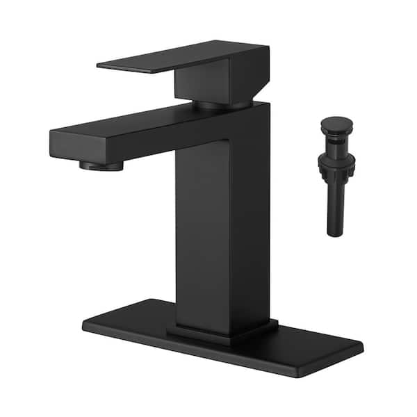 Boyel Living Single Handle Single Hole Bathroom Faucet with Deck Plate Included, Pop Up Drain and Water Supply Hoses in Matte Black