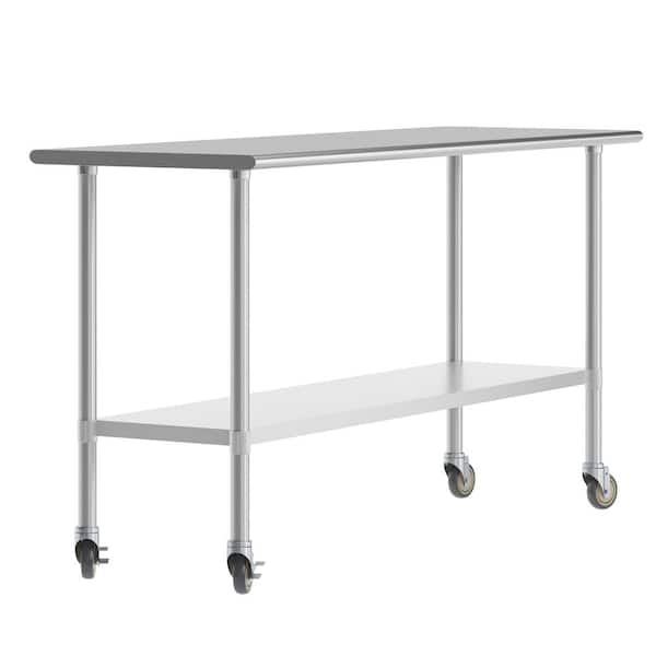 Reese Stainless Steel Metal 72.0 in. Portable Kitchen Prep Table with Galvanized Steel Undershelf, 4 Casters, 2 Locking