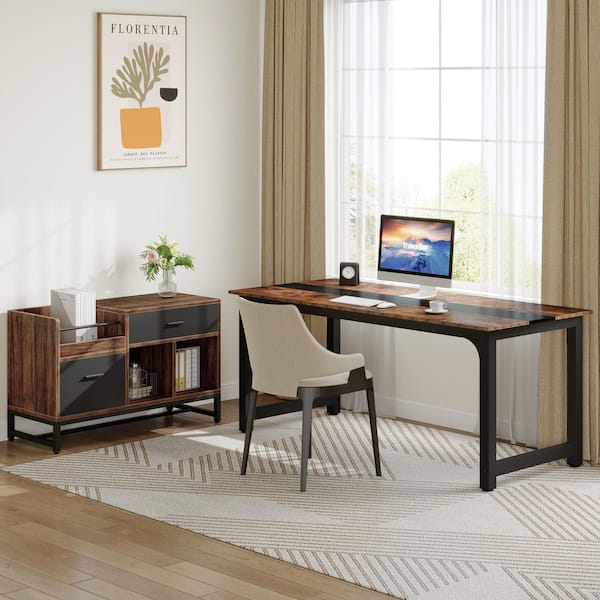 71 in. L-Shaped Brown Wood 2-Drawer Computer Desk with File Cabinet for Home Office Workstation Business Furniture Set