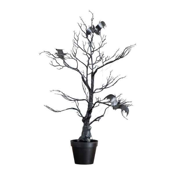 2ft. Pre-Lit Artificial Halloween Black Spooky Twig Tree with Bats and 40 Orange and Purple LED Lights