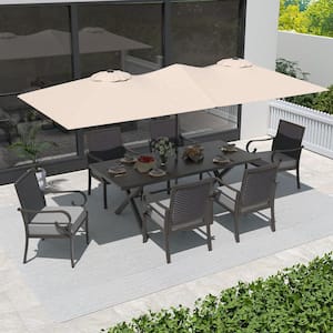 8-Piece Metal Patio Outdoor Dining Set with 6 Back-Woven Chairs, Rectangular Table, Umbrella and Grey Cushions, Garden