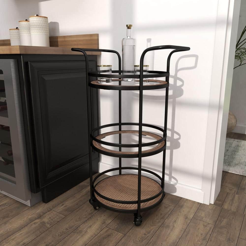 21'' Brown Metal and Rattan Round Bar Cart with Glass Shelves