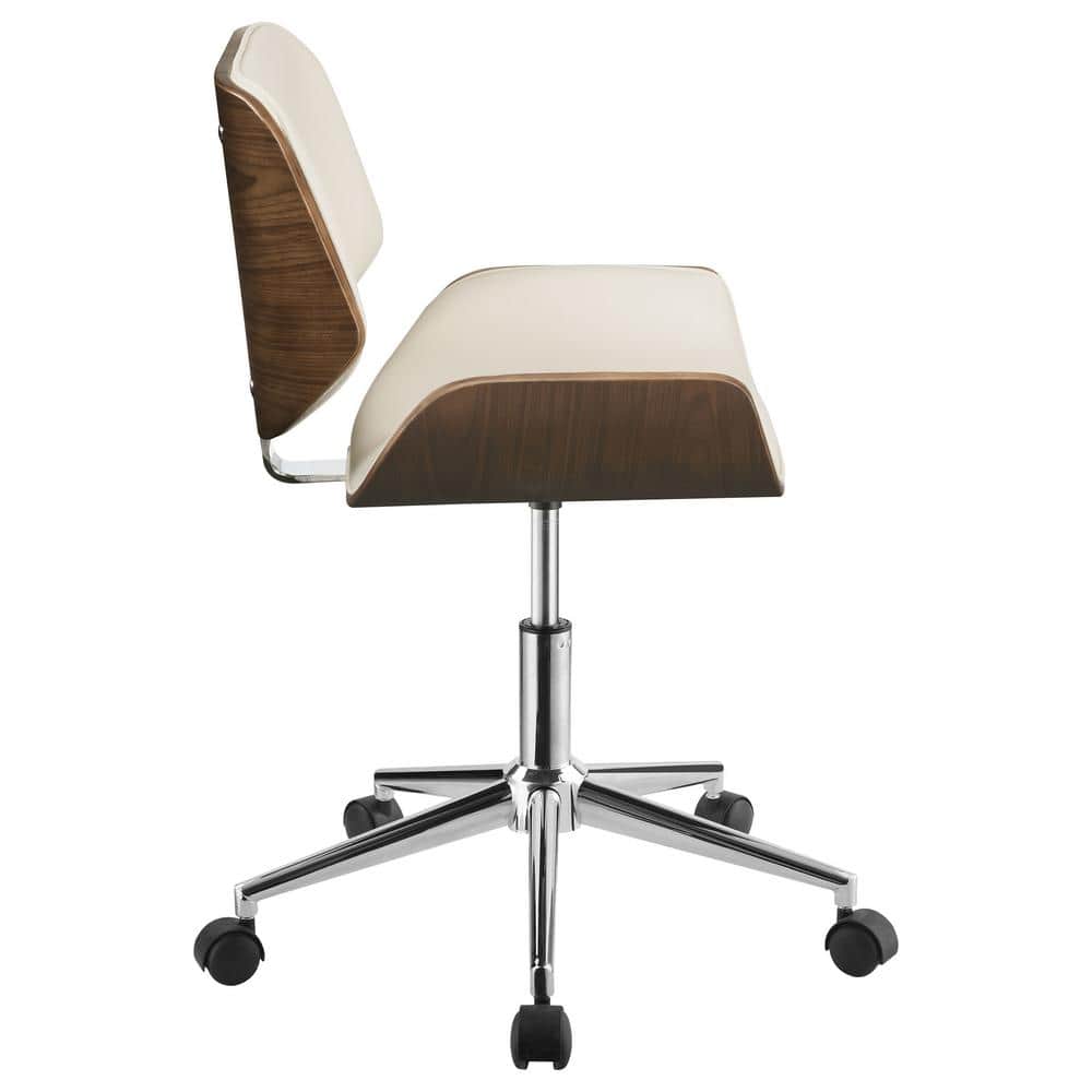 Ecru Leatherette and Walnut Swivel Desk Chair